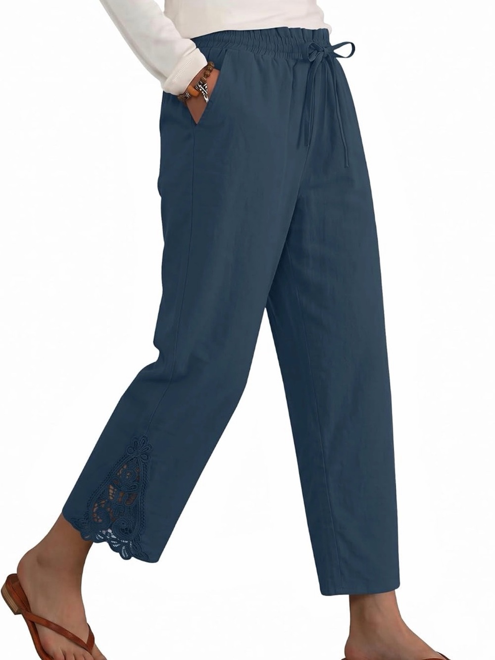 Women's Navy Drawstring Embroidered Ankle Pants